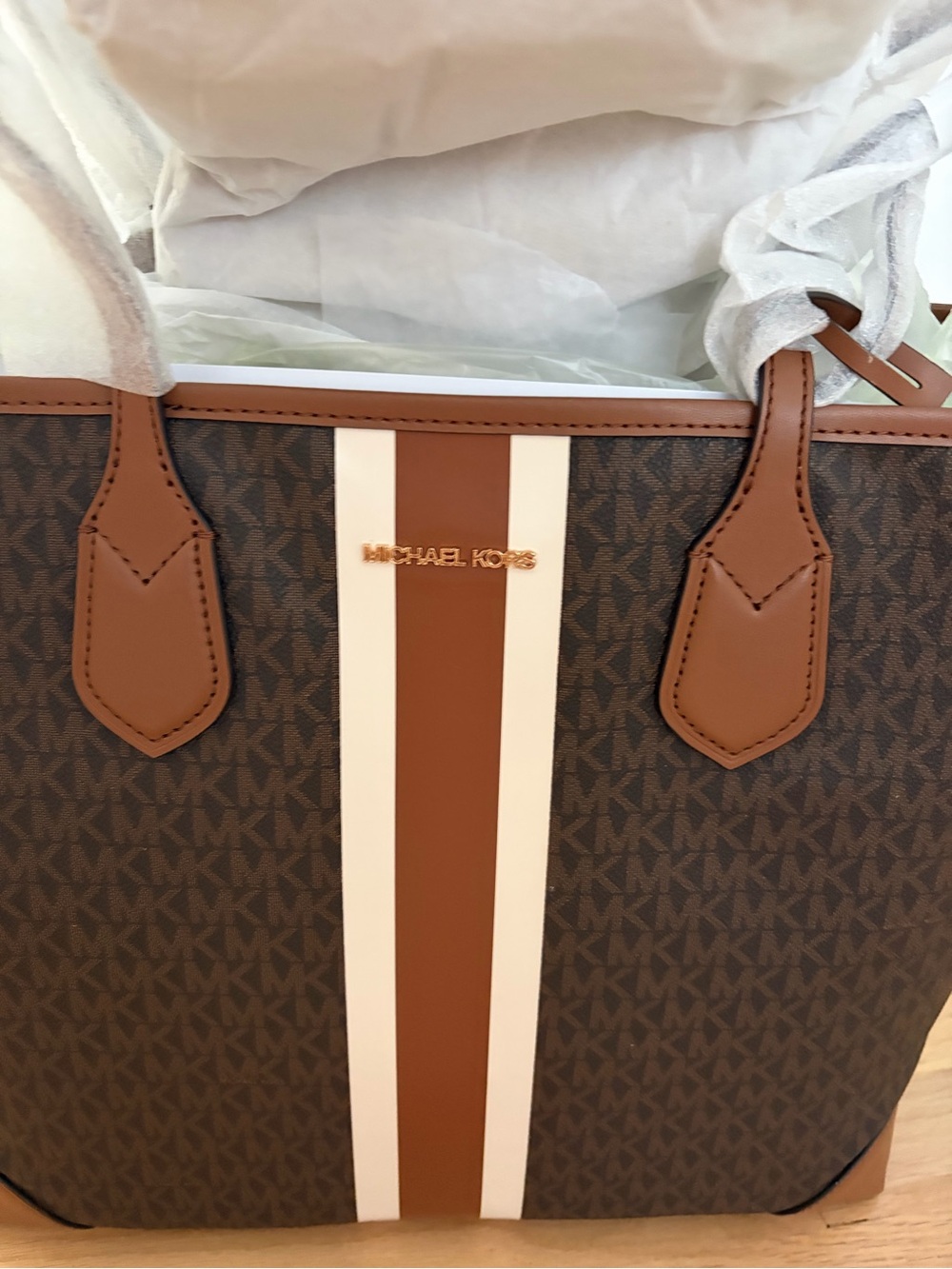 Michael Kors Brown and White Stripe Logo Tote - Picture 2 of 3